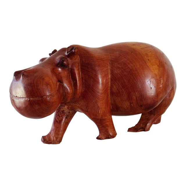 Mid-Century Hand Carved Hippopotamus Sculpture of Solid Teak For Sale