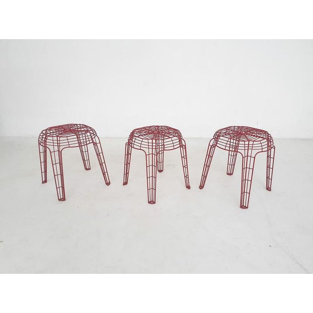 Red Metal Wire Stools, Set of 3 For Sale - Image 3 of 3