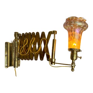 Vintage Brass Scissor Wall Lamp With Iridescent Glass Shade For Sale