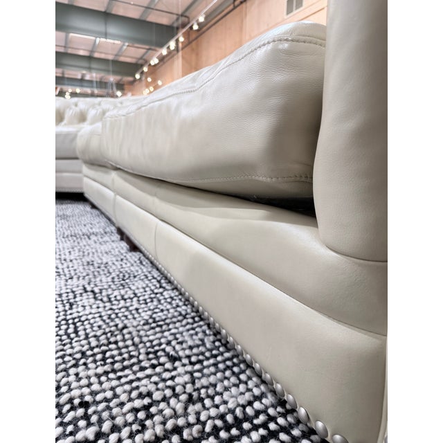 Ivory Ivory Top-Grain Leather Chesterfield Sectional Sofa With Deep Button Tufting & Nailhead Trim For Sale - Image 8 of 11