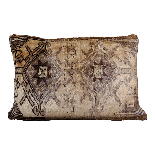 Muted Tone Oushak Rug Pillow – Vintage Turkish Lumbar Cushion -23'' X 32'' For Sale