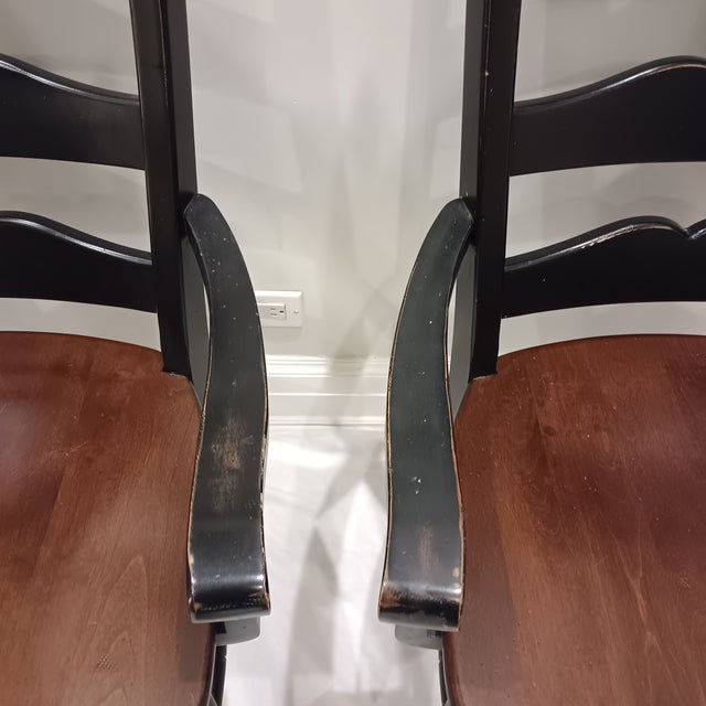 Wood Vintage French Country Farmhouse Ladderback Arm Chairs, Set of 2 For Sale - Image 7 of 18