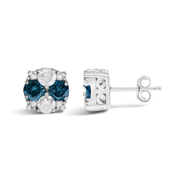 Haus of Brilliance .925 Sterling Silver 2.0 Cttw Blue Diamond Composite Cluster Stud Earring For Sale - Image 4 of 4