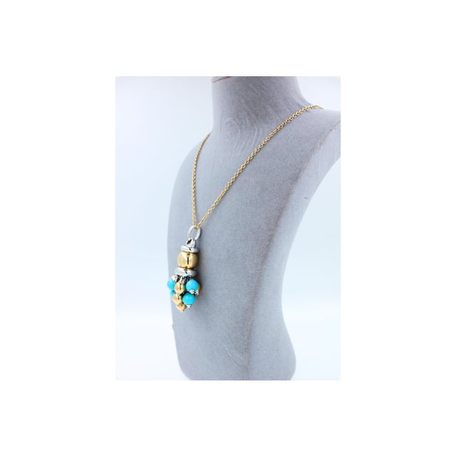 Early 21st Century Blue Turquoise Diamonds Golden Sphere Bells Motif Two Tone Gold Pendant Necklace For Sale - Image 5 of 15