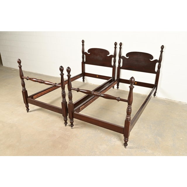 A gorgeous pair of antique Georgian or Federal style carved solid mahogany twin size poster beds By Kindel Furniture USA,...