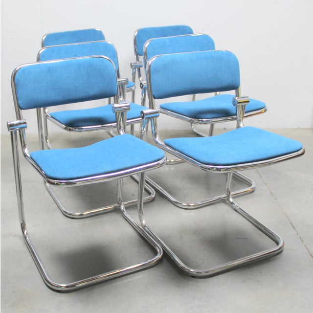 Bauhaus Blue Chrome Chairs, 1970s, Set of 6 For Sale - Image 10 of 10