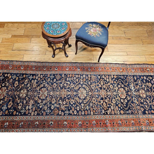 1900 - 1909 Antique Farahan Sarouk Runner, Hand-Knotted Wool, All-Over Geometric Pattern, Navy & Rust, 4x10 For Sale - Image 5 of 16
