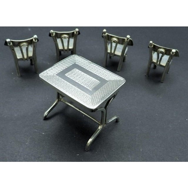 Art Deco Antique 1930s Egyptian 900 Silver Miniature Table & 4 Chairs Dining Set Doll House Furniture For Sale - Image 3 of 6