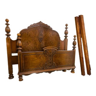 Antique 1920s Spanish Revival Walnut, Oak and Burlwood Full Size Bed For Sale