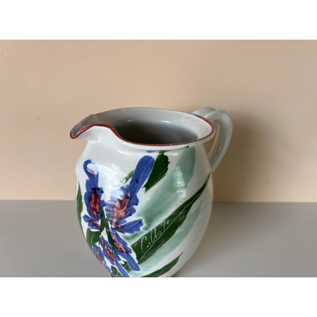 White Vintage Hand Painted Pottery Pitcher For Sale - Image 8 of 12