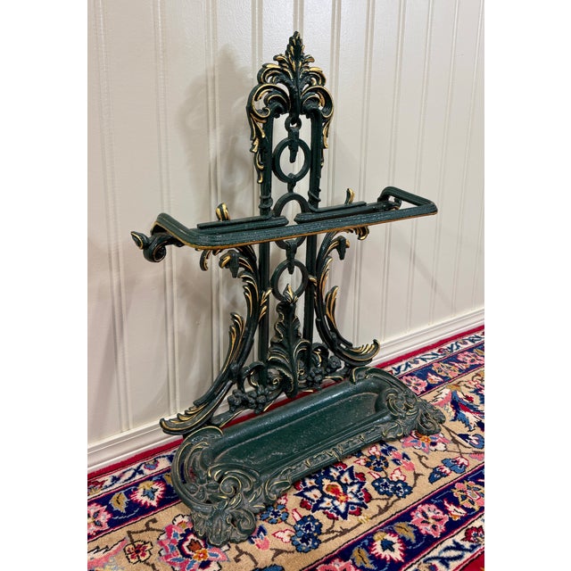 Antique English Gilt & Painted Cast Iron Umbrella Stick Cane Stand For Sale - Image 9 of 16