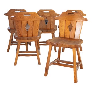 Sculptural Pine Dining Chairs with Keyhole Backs, 1970s, Set of 4 For Sale