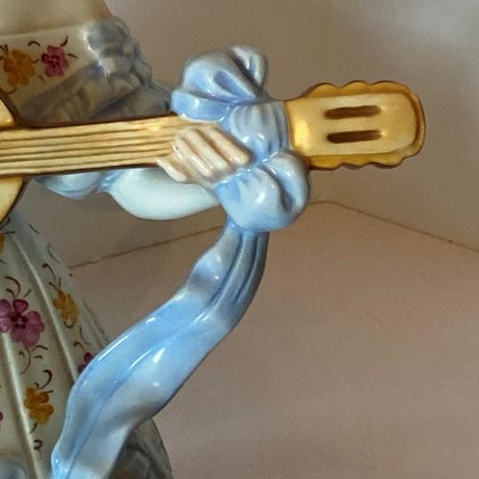 Herend Herend Deryne (Mrs. Dery) Large 14” Porcelain Figure: Woman With Guitar/Mandolin (Blue Gown, Floral Motifs) Ligeti Early Mark, Vintage #5753 For Sale - Image 4 of 18