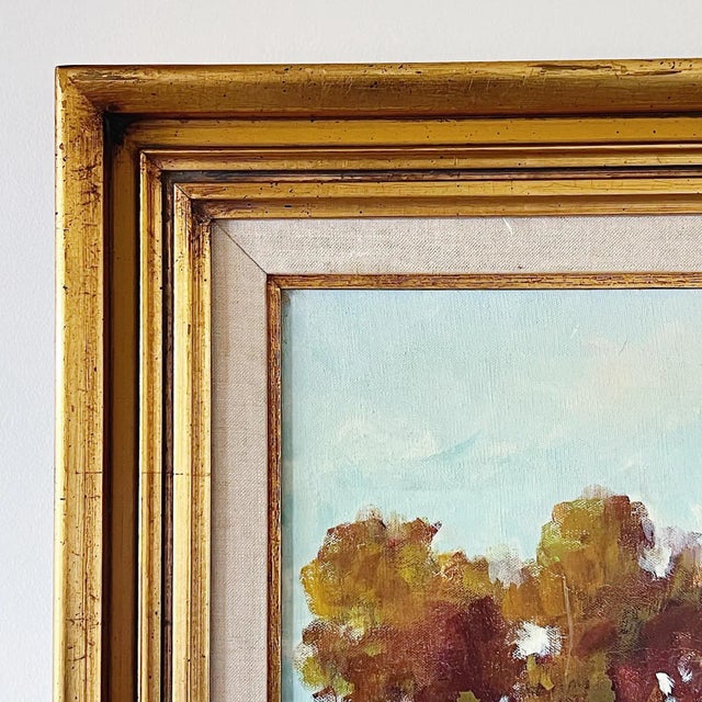 Mid 20th Century Vintage Large Impressionist American Landscape Depicting Farmhouse and Trees in Frame For Sale - Image 5 of 10