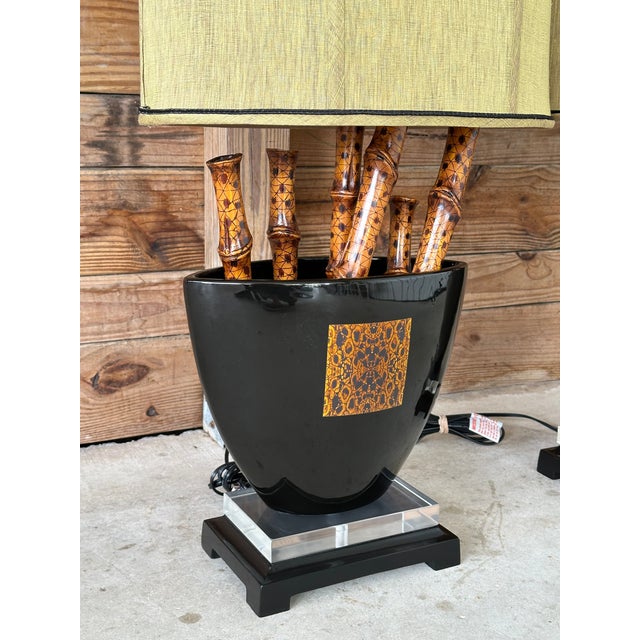 Exquisite pair of ceramic glazed vase table lamps with faux tortoise bamboo stalks, wood and lucite square bases and...