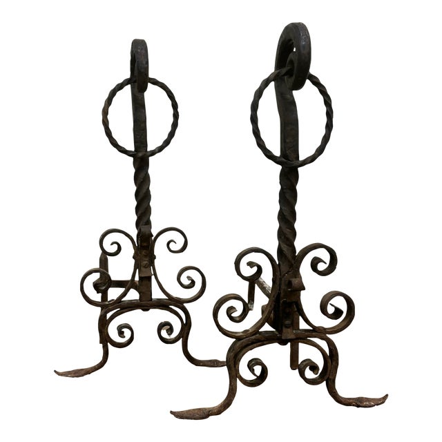 Vintage Hand Forged Scrolled Wrought Iron Fireplace Andirons Fire Dogs For Sale