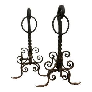 Vintage Hand Forged Scrolled Wrought Iron Fireplace Andirons Fire Dogs