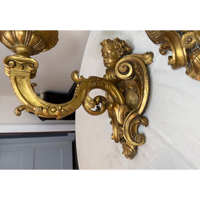 Large Antique Ornate Carved Italian Gilt Wood Cherub Wall Sconce Fixtures - a Pair For Sale - Image 12 of 18