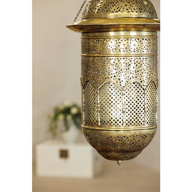 Asian Vintage Indian Brass Hanging Lantern with Pierced Floral and Lattice Motifs For Sale - Image 3 of 18