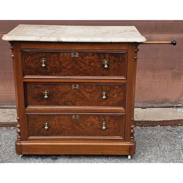 19th Century French Louis Phillipe Burl Walnut Marble Top Rolling Commode Chest of Drawers For Sale - Image 9 of 13