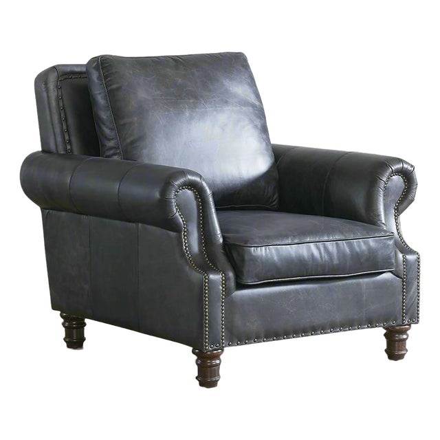 English Rolled Arm - Arm Chair - Slate Leather For Sale