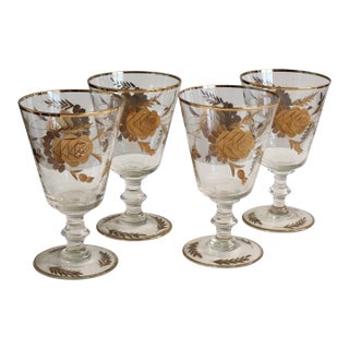 1960s 24k Gold Encrusted Crystal Classic Wine Glasses - Set of 4 For Sale
