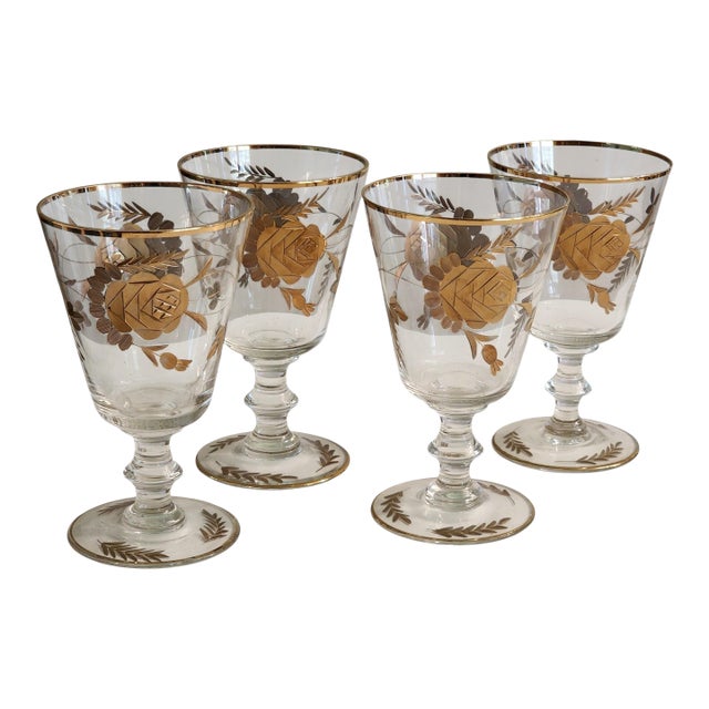 1960s 24k Gold Encrusted Crystal Classic Wine Glasses - Set of 4 For Sale