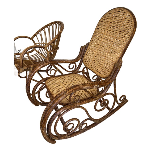 Rattan and Double Caned Rocking Chair For Sale