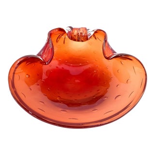Large Vintage Murano Orange Glass Bowl or Cigar Tray With Controlled Bubbles - Italy Mid 20th Century Modern For Sale