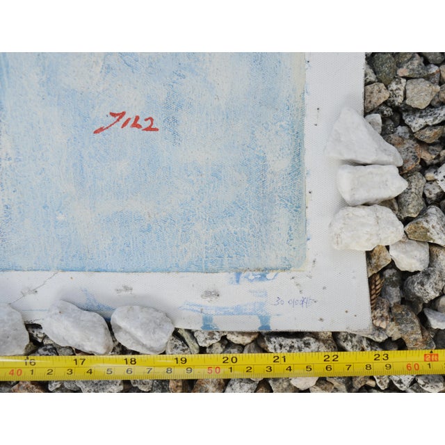 1995 Vintage Cubist Sky Blue Oil Painting on Canvas, Signed Dated For Sale - Image 11 of 13