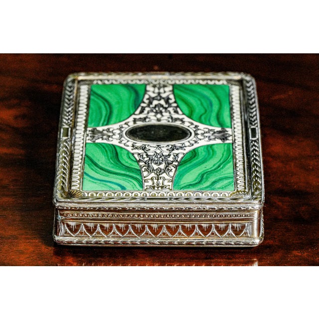 Stunning Ornate European Continental Sterling Silver Malachite Enamel Antique Snuff Box For Sale - Image 14 of 17