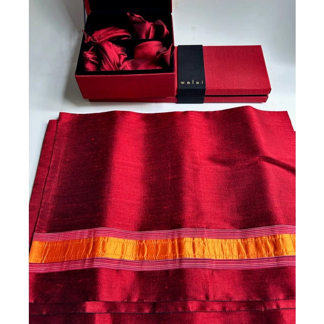 Late 20th Century Late 20th C. Boxed Set of 4 Walai Crimson & Orange Stripe Silk Placemats & Napkins For Sale - Image 5 of 18