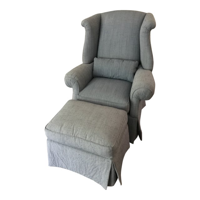 1990s Transitional Sherrill Indigo Wingback Chair and ...