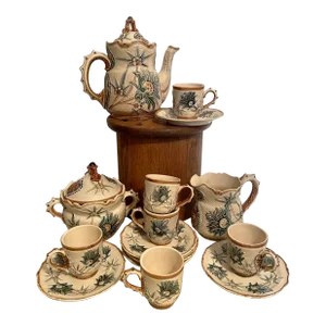 19th Century Wasmuel Belgian 15-Piece Tea Set Majolica Faience Barbotine