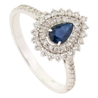 Blue Sapphire & Diamond Halo Vintage Engagement Ring in 18k White Gold Size 6 For Sale