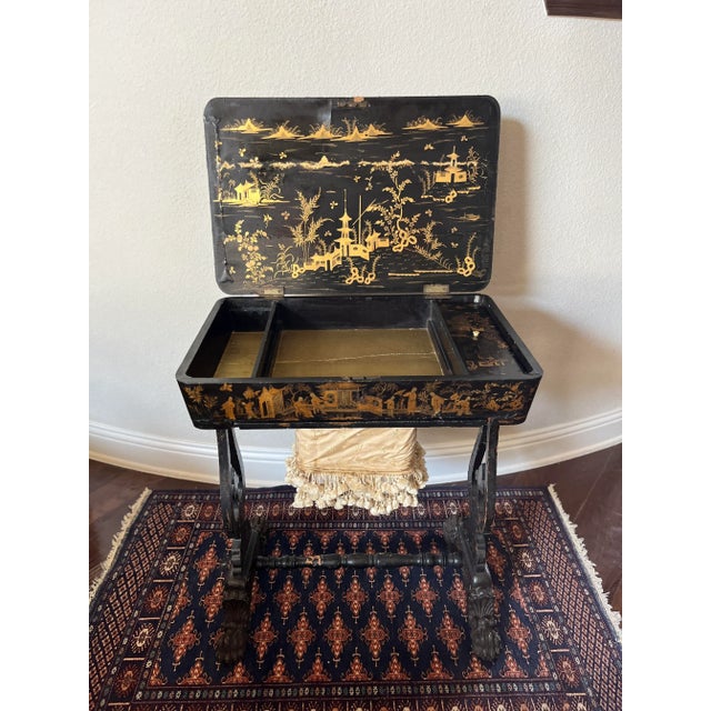 Wood Antique 19th Century Chinese Export English Chinoiserie Black Laquered Sewing Table, Work Table For Sale - Image 7 of 12