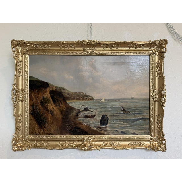 Antique 1881 Signed European Coastal Seascape Oil Painting Harbor Landscape - Signed For Sale - Image 12 of 15