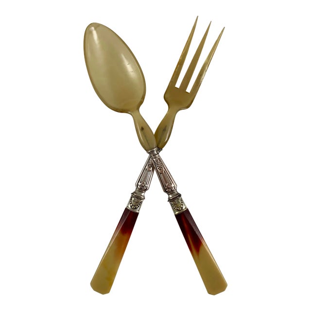 French Art Deco Horn, Bakelite & Silver Plate Fork and Spoon Salad Servers in Case For Sale