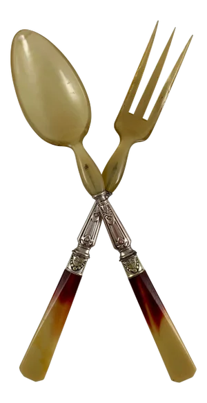 French Art Deco Horn, Bakelite & Silver Plate Fork and Spoon Salad Servers in Case