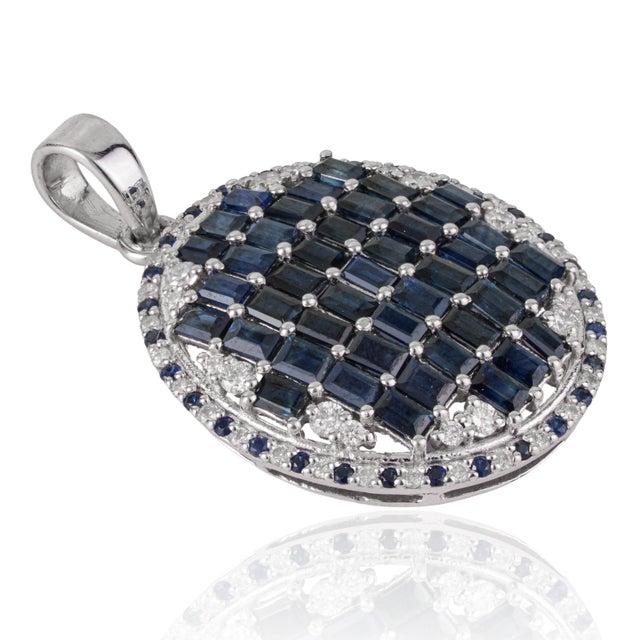 Art Deco Art Deco Baguette Cut Blue Sapphire & Diamond Mosaic Statement Pendant | 3.45 TCW For Sale - Image 3 of 13