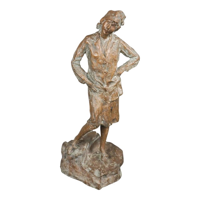20th Century School Brutalist Bronze Sculpture of Standing Woman, Signed For Sale