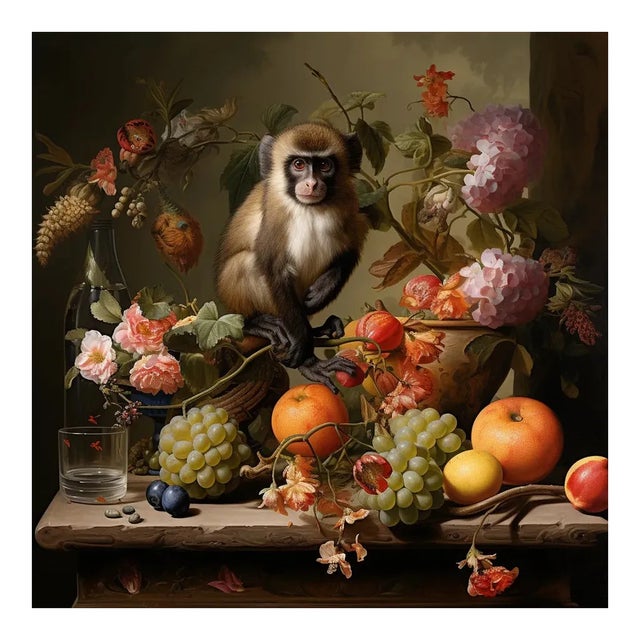 30" X 30" Collector Fine Art Print "Still Life With Fruits, Flowers and Monkey" Fine Art Print Reproduced From a 16th-Century Old Master Still Life For Sale