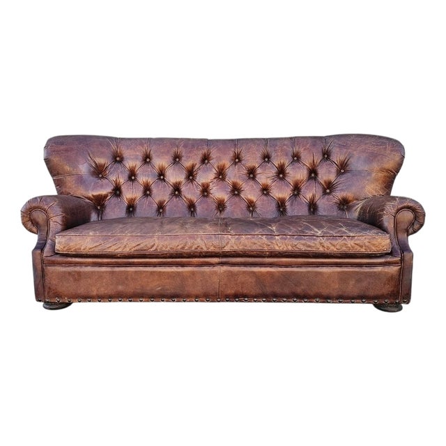 Restoration Hardware Leather Churchill Tufted Sofa For Sale