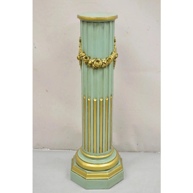 Antique French Empire Neoclassical Green & Gold Painted Wooden Column Pedestal For Sale - Image 10 of 13