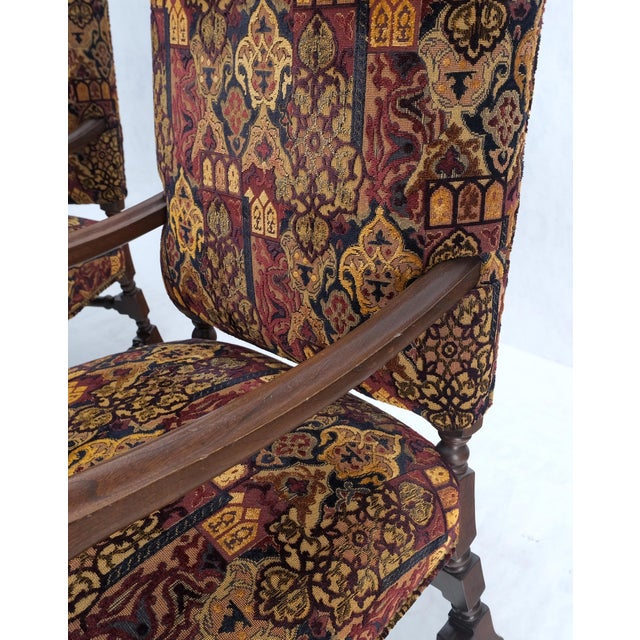 Pair Gothic Oversized Heavily Carved Walnut Arm Chairs Tall Back Thrones MINT! For Sale - Image 12 of 13