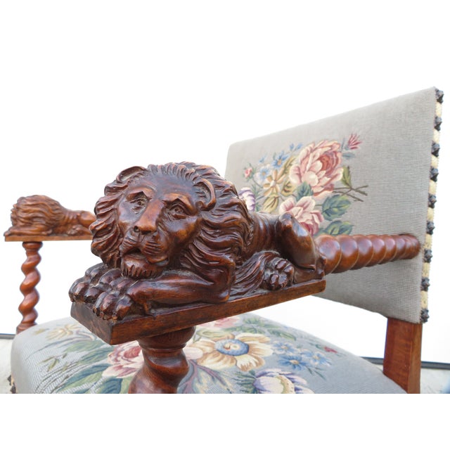 Antique Barley Twist Needle Point Carved Lions Hall or Throne Chair ~ Traditional Style Wood Side Accent Art Seating For Sale - Image 15 of 18