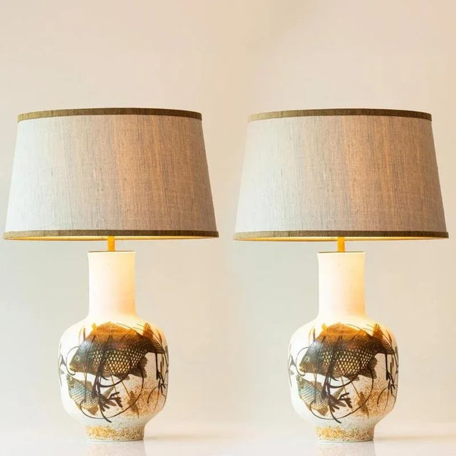 Ceramic Floor Lamp with Fish Motif and Silk Lampshade attributed to R. Houben, 1970s For Sale - Image 12 of 12