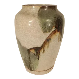 Antique 19th Century Japanese Crackle Glaze Pottery Vase Decorated with Impressionist Abstract Tree Landscape
