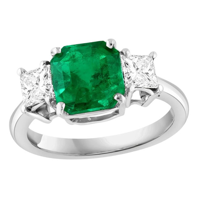 3.58 Carat Cushion Cut Colombian Emerald & 0.8 Ct Diamond Ring in 18K White Gold For Sale