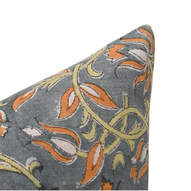 Square Throw Linen Pillow Cover With Floral Block Printed 22x22 Inch- Kamal Dutta For Sale - Image 4 of 5
